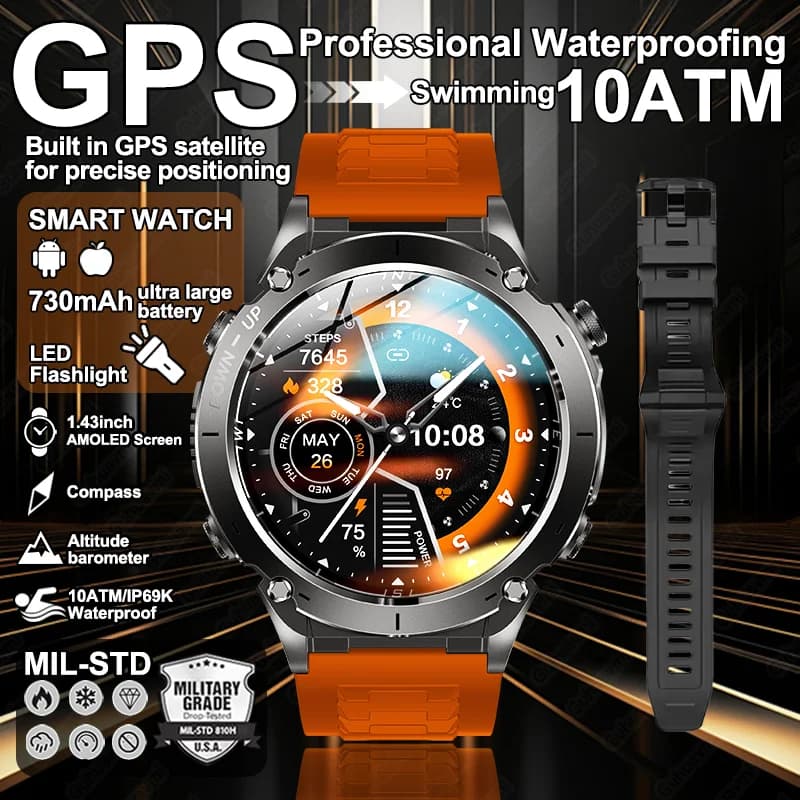 2026 Nuovo GUHUAVMI Uomini di Grado Militare Astuto Della Vigilanza GPS 10ATM Impermeabile Torcia A LED 730mAh Batteria Chiamata Bluetooth Smartwatch