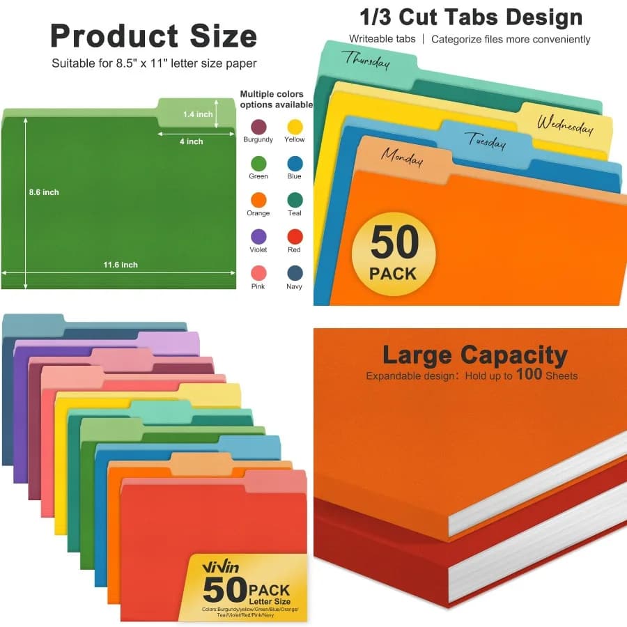 Confezione da 50 cartelle di file colorate con linguette a 1/3 tagli per organizzare la casa, l'ufficio, la scuola e i documenti personali, si adattano a 8,5 x 11 pollici
