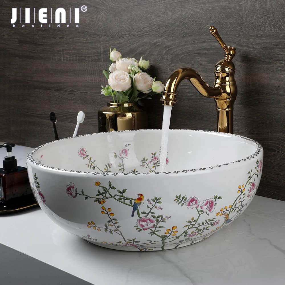 Set di lavelli da bagno JIENI pittura di fiori e uccelli lavabo circolare in ceramica per montaggio su ponte lavabo con rubinetti miscelatori per rubinetto dell'acqua in streaming