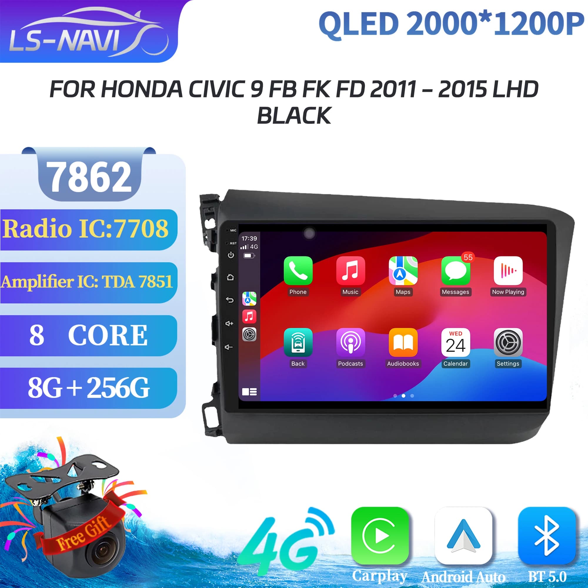 For Honda Civic 9 FB FK FD 2011-2015 Left Hand Drive Black Car Radio Multimedia Android Wireless CarPlay 8G 256G 2K QLED Screen