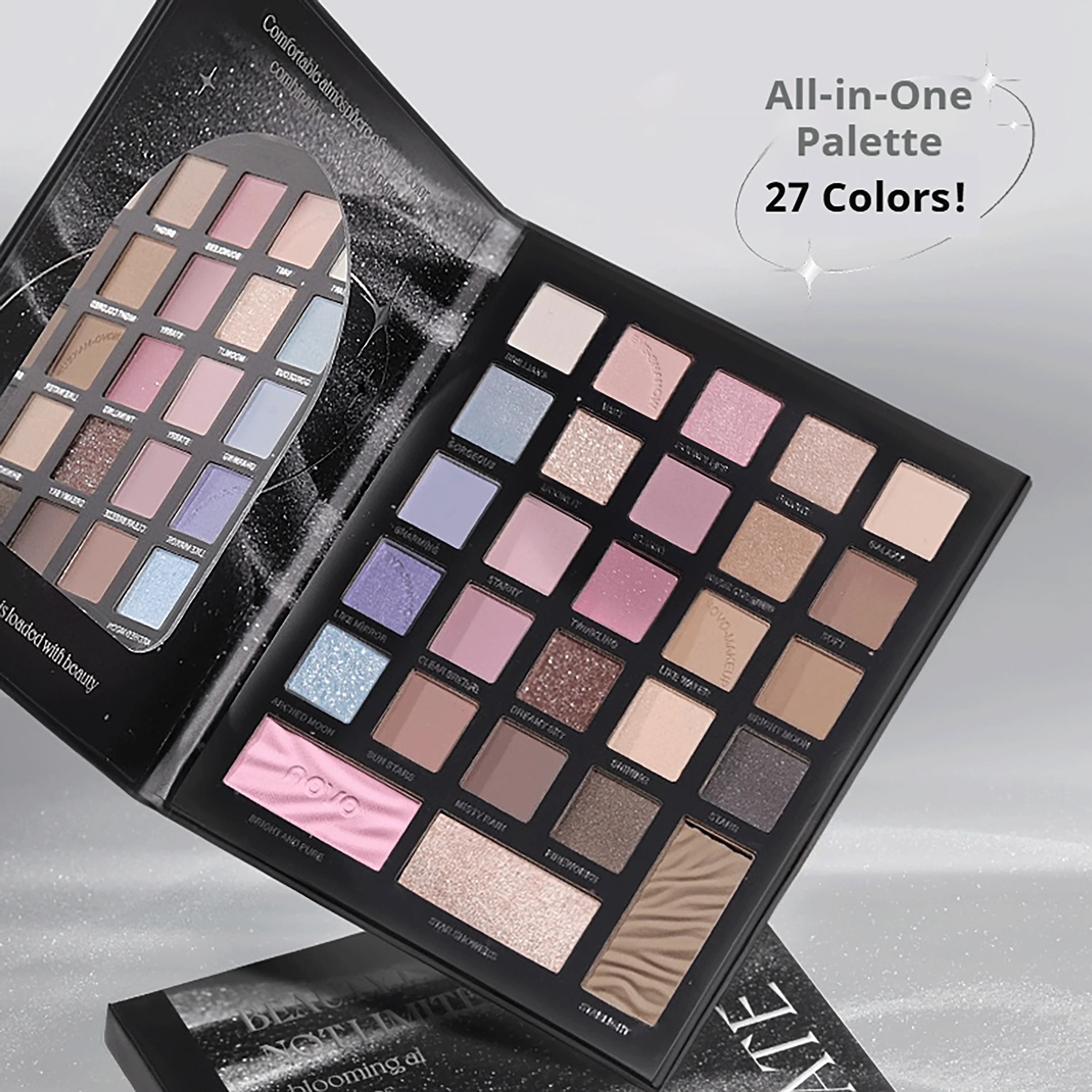 Palette di ombretti multifunzionali a 27 tonalità opache, perlate, contorni, fard e evidenziatori, adatte per il trucco quotidiano e l'uso sul palco
