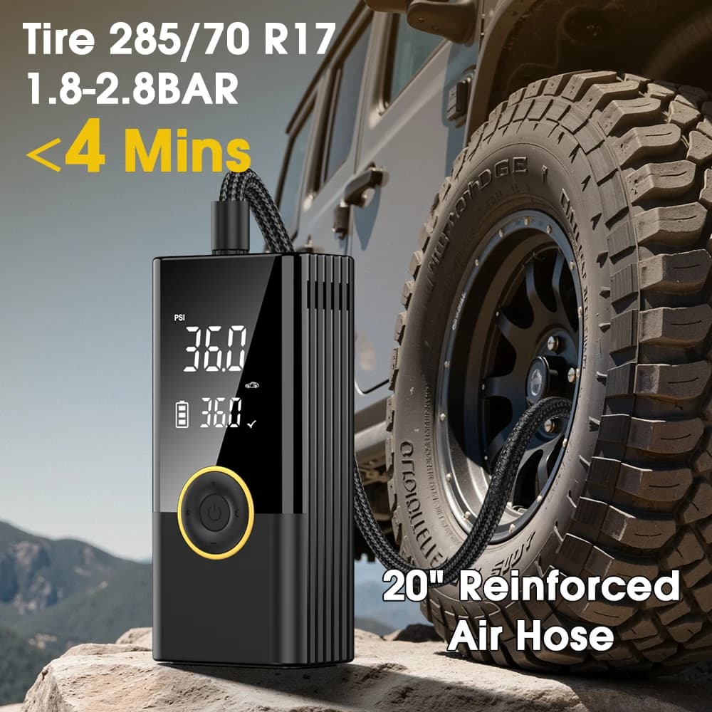 Gonfiatore per Pneumatici Senza Fili Carsun a 22 Cilindri, Pompa d'Aria a Gonfiaggio Rapido 2600mAh*3 con Rilevamento Pressione e Luce per SUV/Auto