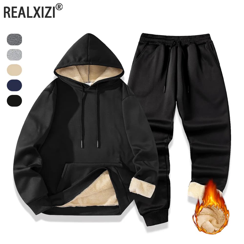 Tute sportive invernali da uomo Felpe con cappuccio calde ispessite in peluche Felpe + Pantaloni da jogging Set da due pezzi Tute sportive casual