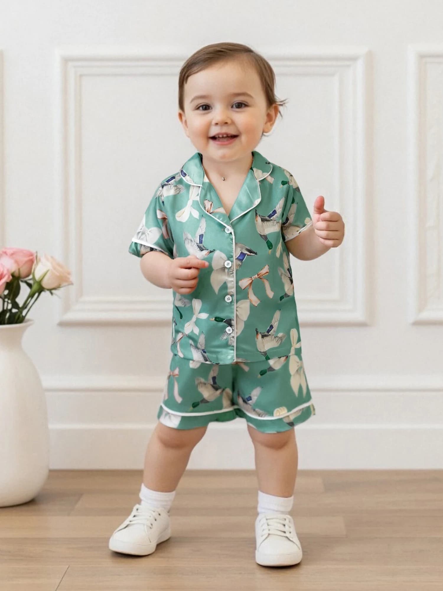 Baby girl's pajamas set short sleeves with cute animal print with comfortable waist elastic shorts for a good night's sleep