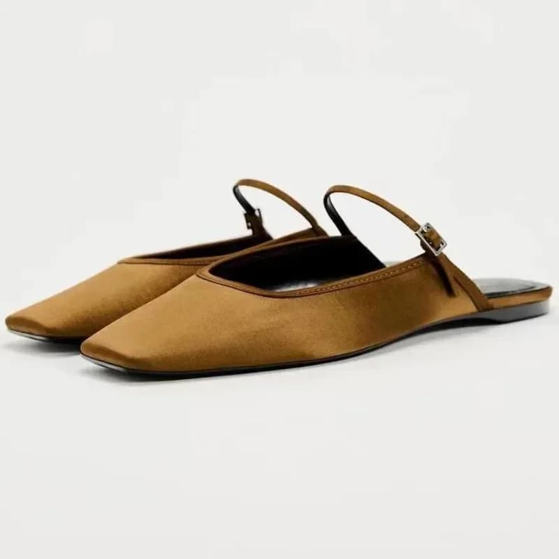 New Women Flats 2025 Square Toe Buckle Strap Breathable Mules Satin Leisure Slingbacks Chic Fashion Designer Shoes for Ladies