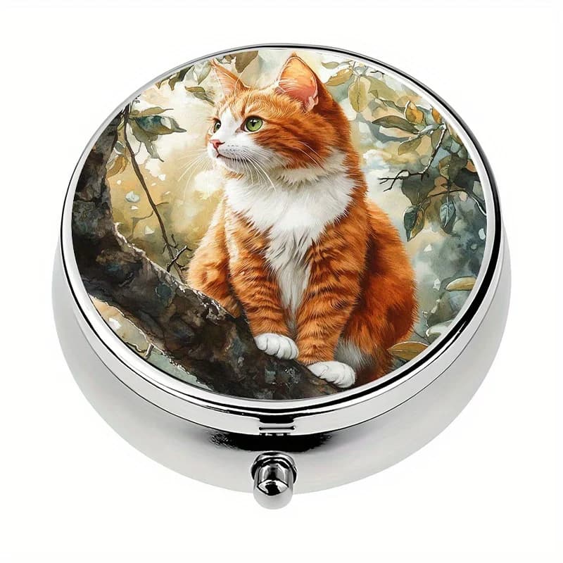 Single pack, wallet-style pill organizer with 3 compartments, cat-on-a-tree design, portable pill case suitable for handbags, ideal for travel and daily use