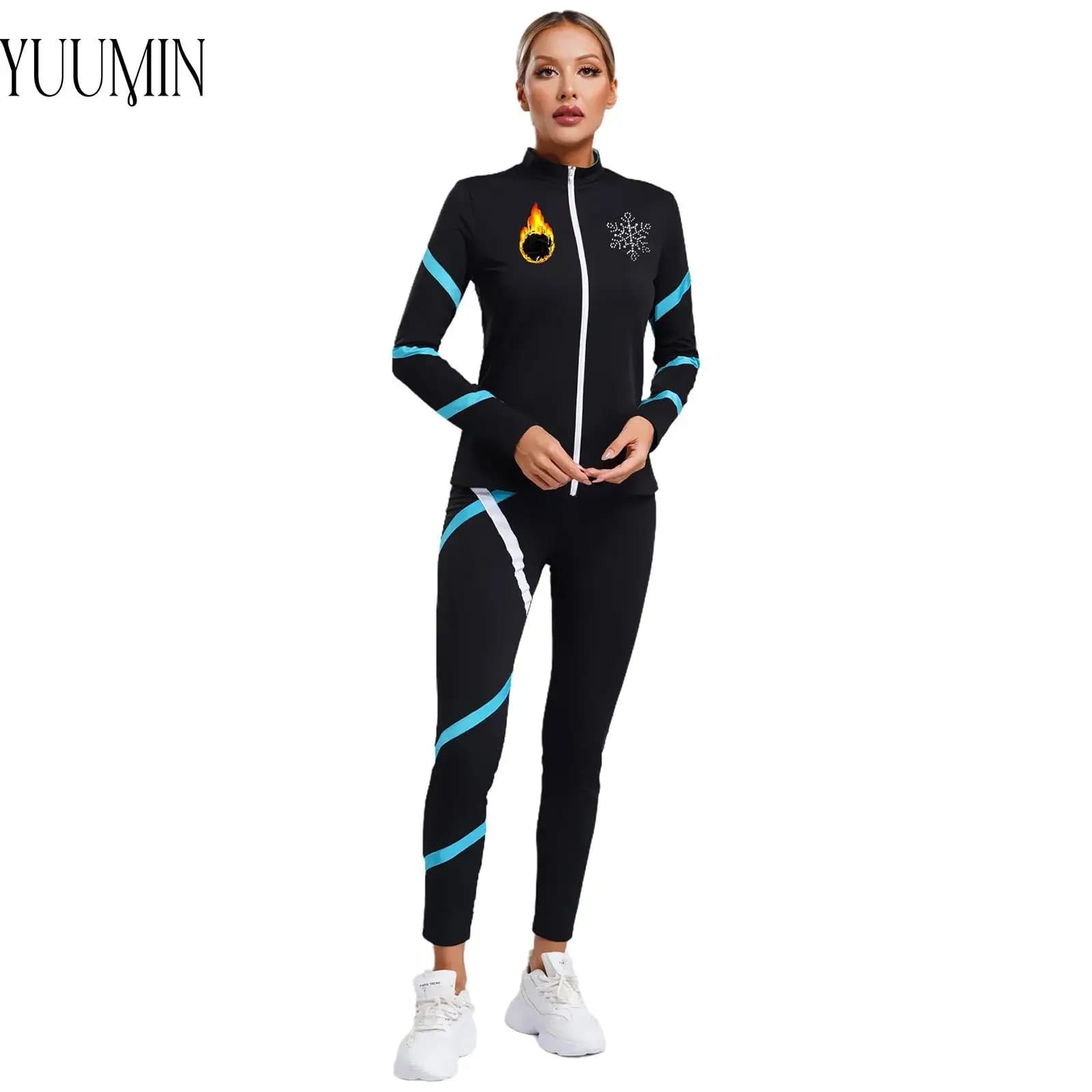 Women's figure skating costume Sports suit Colorful dance patchwork jacket Long sleeved sweatshirt + leggings Yoga training sports suits
