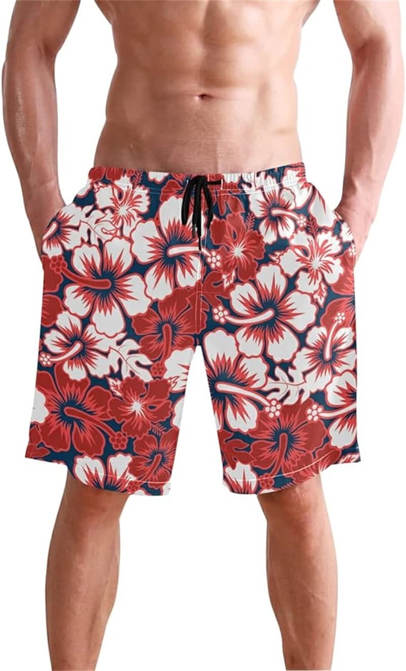 Red Hibiscus Floral 3D Graphic Shorts Men's Swim Trunks Hawaiian Surfing Board Shorts Summer Casual Quick Dry Swimwear Pants