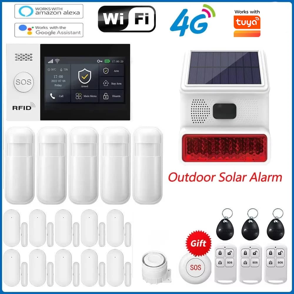 Sistema di allarme GSM Tuya Wifi 4GS Sistema di allarme di sicurezza 433MHZ Funziona con Alexa Home Antifurto Rilevatore di movimento Sensore di fumo per porte e finestre