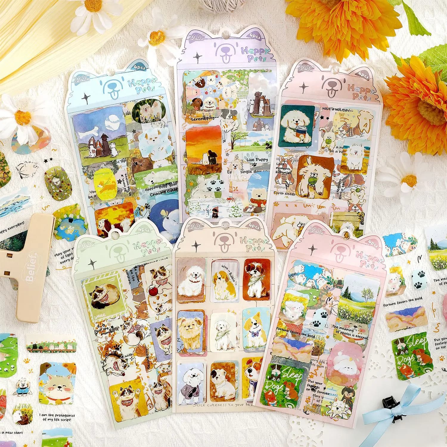 4 sheets Lovely Happy Pet PET Waterproof Stickers, Cartoon Animal Decor for Notebook Handmade Album