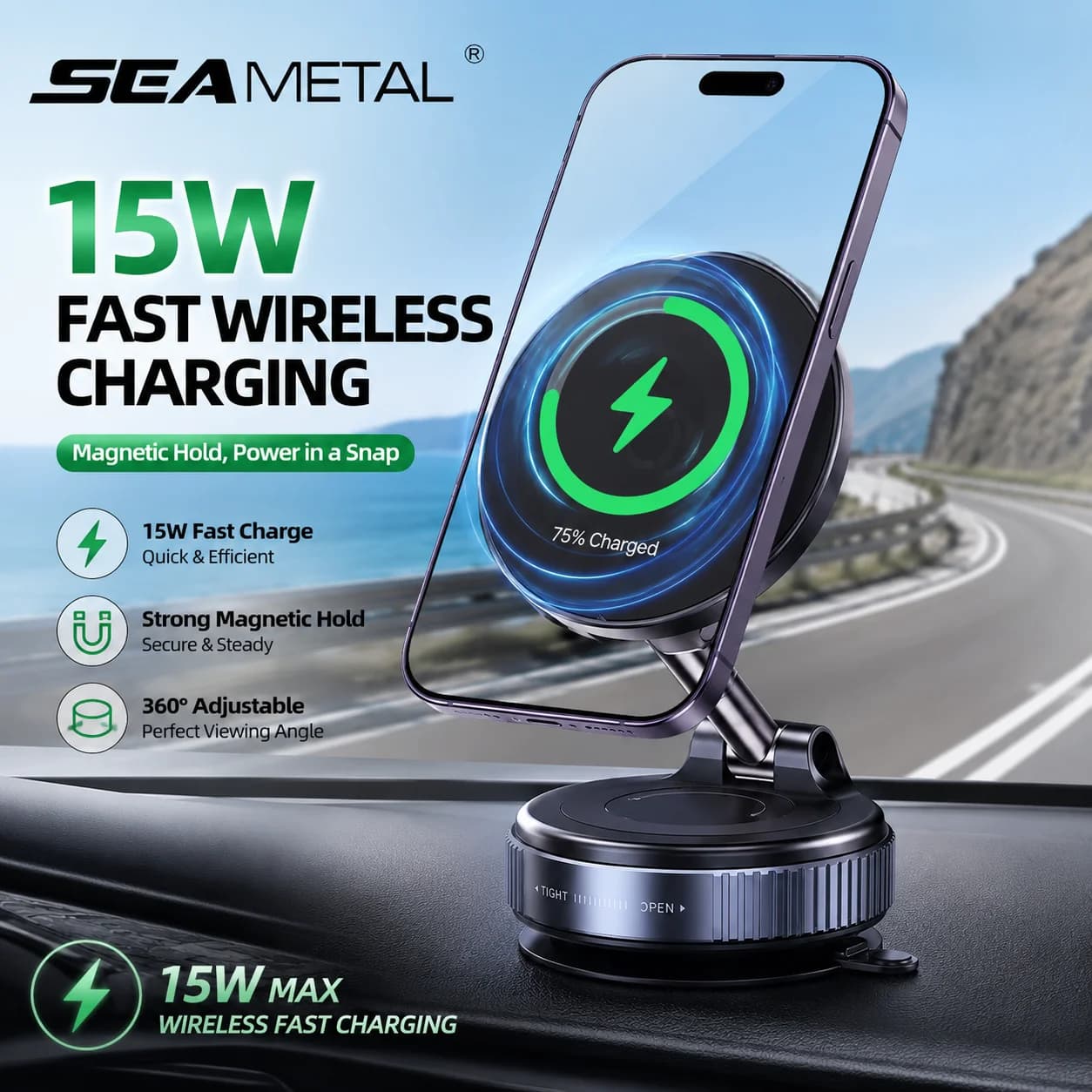 SEAMETAL Strong Magnetic Car Phone Holder Foldable 360° Rotation Multi-scene application 15W Vacuum Suction Wireless Charger