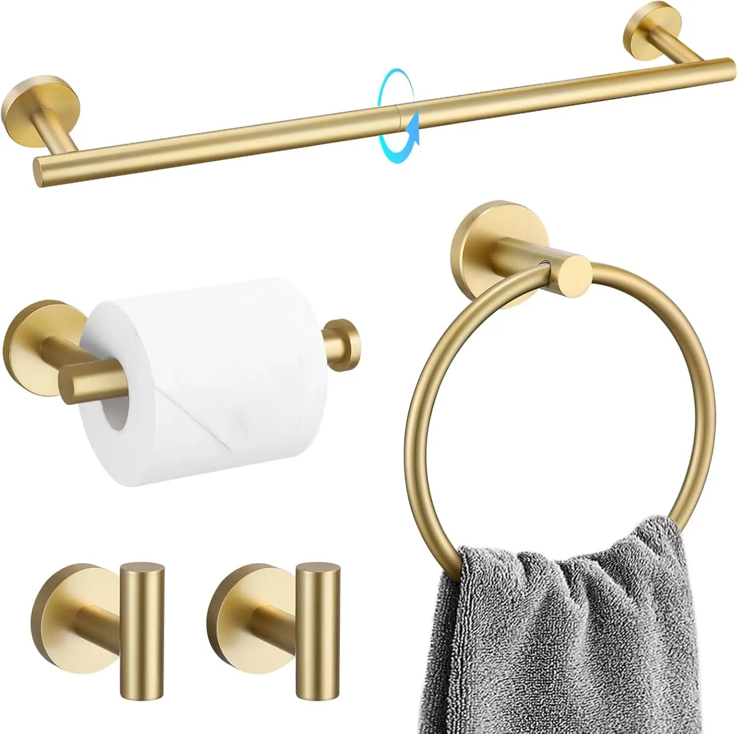 Set di accessori da bagno da 5 pezzi in oro spazzolato con portasciugamani da 23,6 pollici e ganci per asciugamani per bagno e cucina
