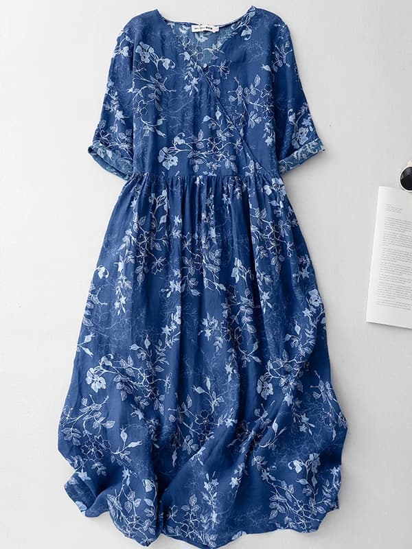 Blue Floral Print Midi Skirt Dress Women's Loose Vintage Hemp Kimono Style Dress Commute Artistic Straight Cut Short Sleeve V...