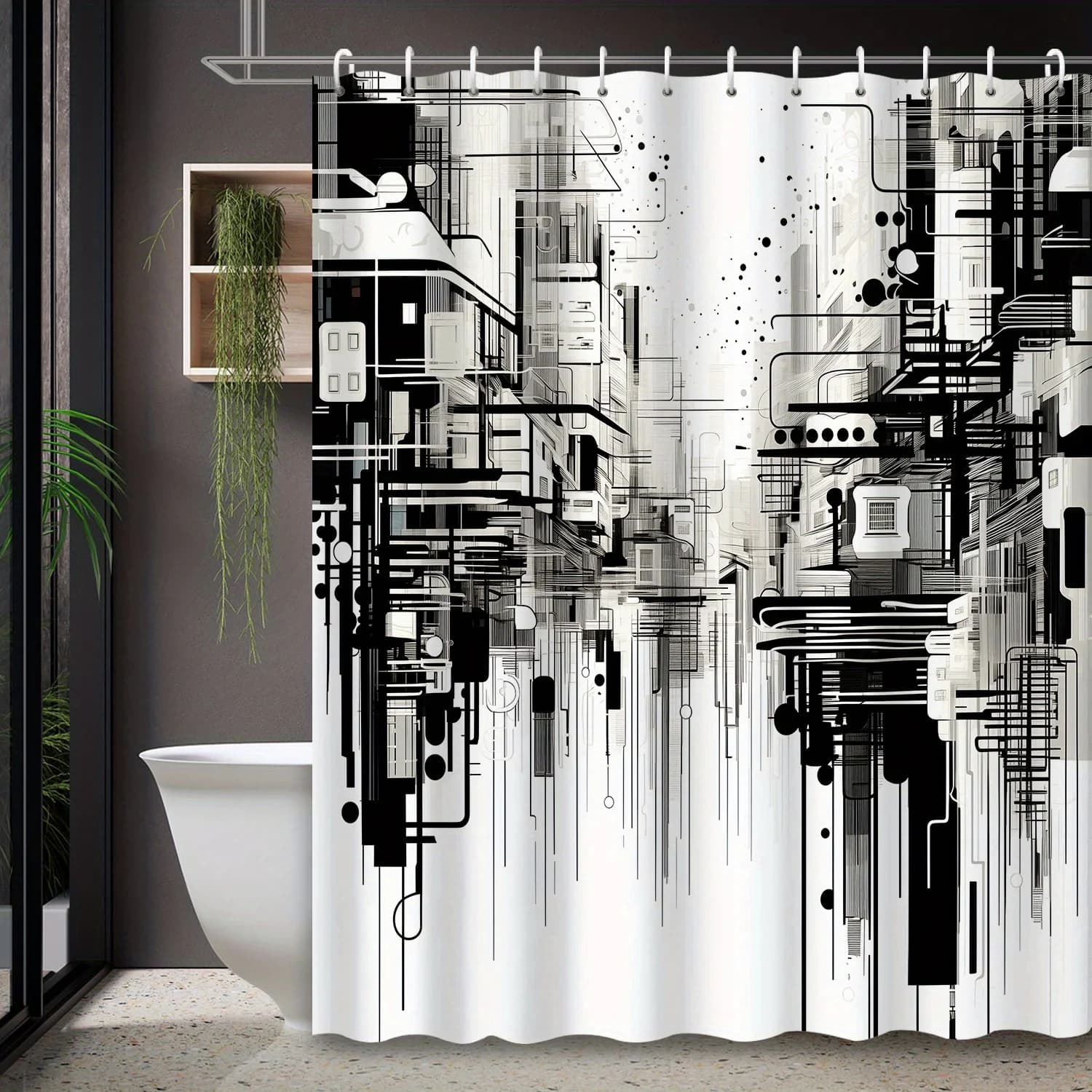Tenda da doccia in stile industriale con grattacielo urbano, 1 pezzo, include 12 ganci, poliestere resistente, facile da pulire, per il bagno e la decorazione della casa