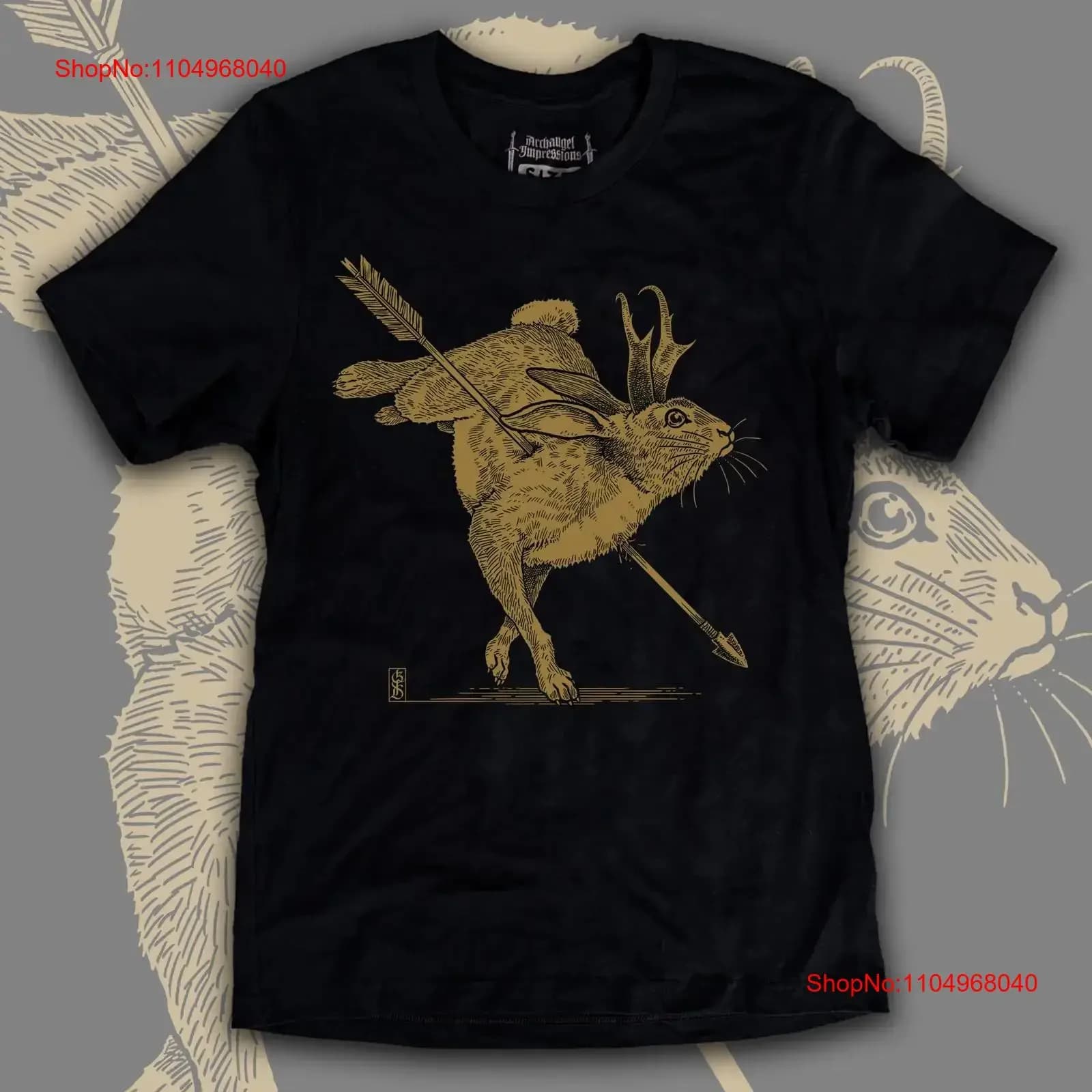T-SHIRT Jackalope Pierced By Arrow in morbido cotone nero Bella Canvas, t-shirt grafica unisex da uomo, stampata serigrafica softstyle con antilope