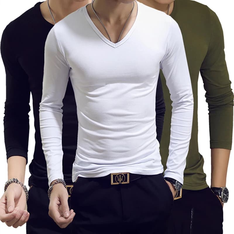 Maglietta da palestra solida per uomo a maniche lunghe Casual tinta unita con scollo a V Top Tees per camicia traspirante Slim Fit maschile
