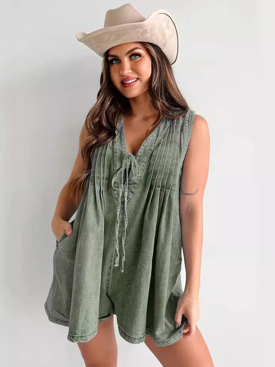 Tuta in denim senza maniche stile street, nuova tuta corta in denim da donna alla moda estiva, casual e ampia con lacci