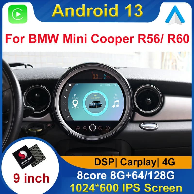 Snapdragon 9 pollici Android 13 per BMW Mini Cooper R56/ R60 2007-2016 Autoradio Navigazione GPS Stereo Multimedia BT Audio