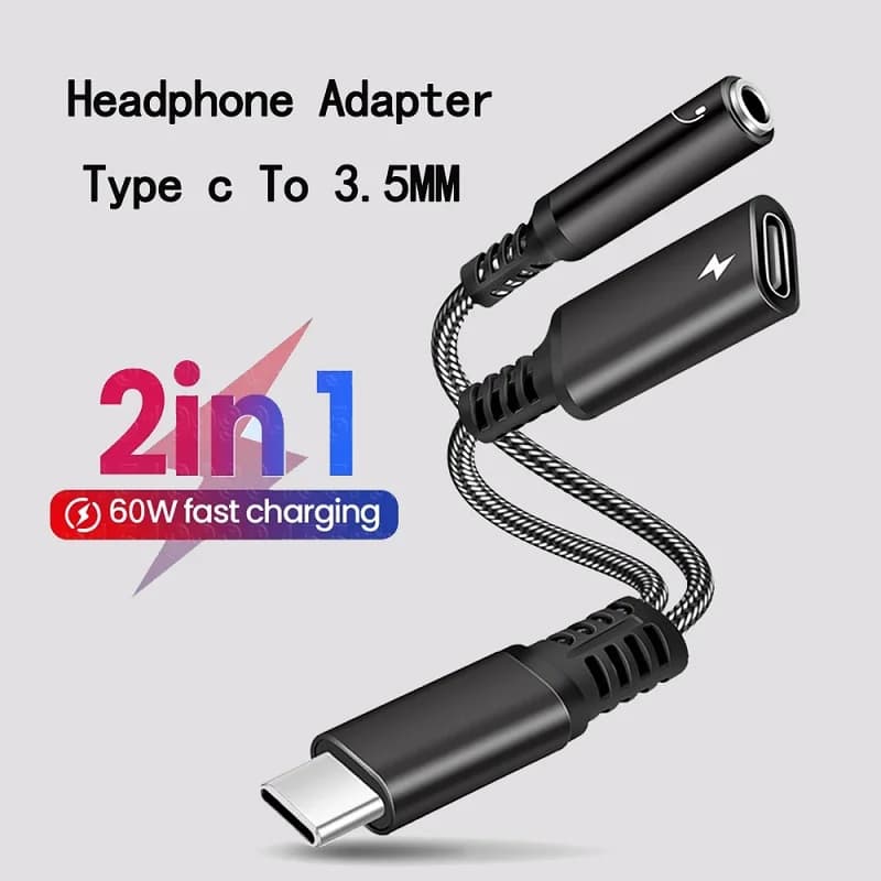 Quick PD 60W headphone and charger adapter from USB type C to 3.5 mm Audio dongle jack cable from USB C to AUX 2 in 1 for Samsung iPhone 16