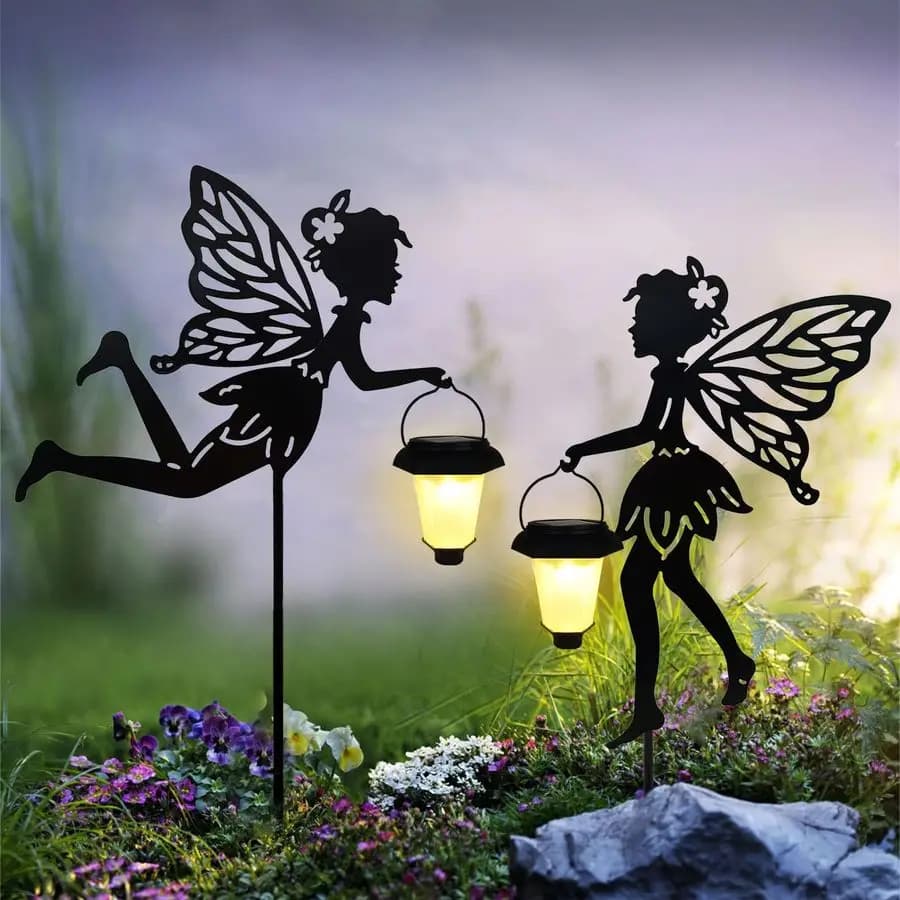 Lanterna Decorativa per Giardino Fatato, Set di 2 Luci Silhouette di Angeli in Metallo per Prato, Vialetto, Patio, Giardino Esterno
