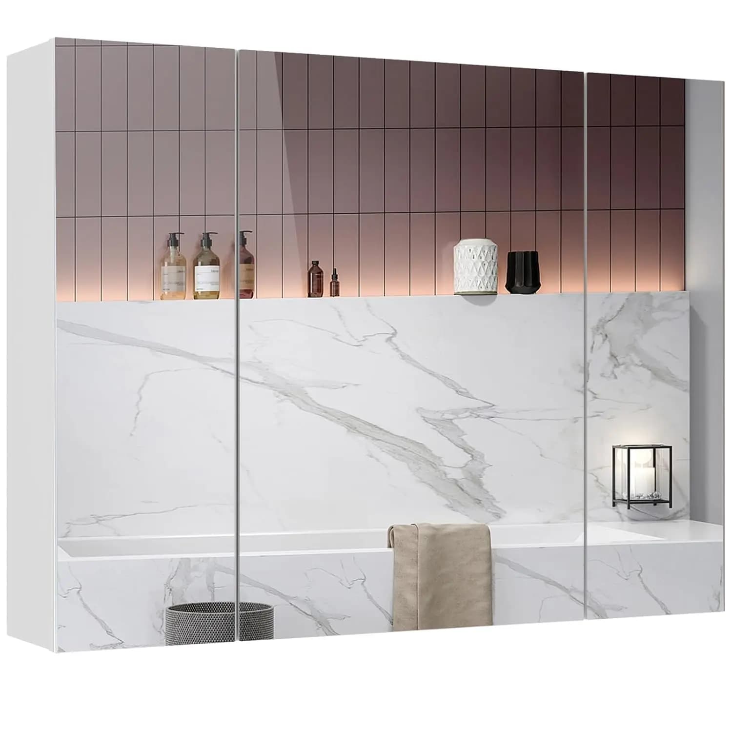 Armadietto a Specchio per Bagno con 3 Ante 31,5x23,6 Pollici, Mobile da Parete con Specchio, Personalizzabile