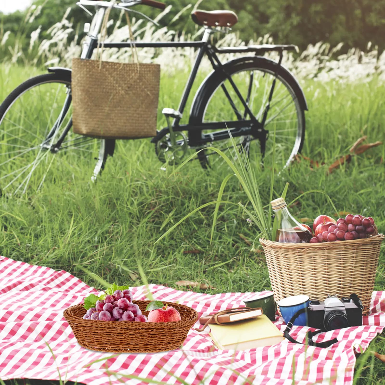PP Woven Fruit Basket Oval Rustic Storage Basket for Kitchen Bathroom Home Decor Natural Style Food Serving Snacks Candy Dried