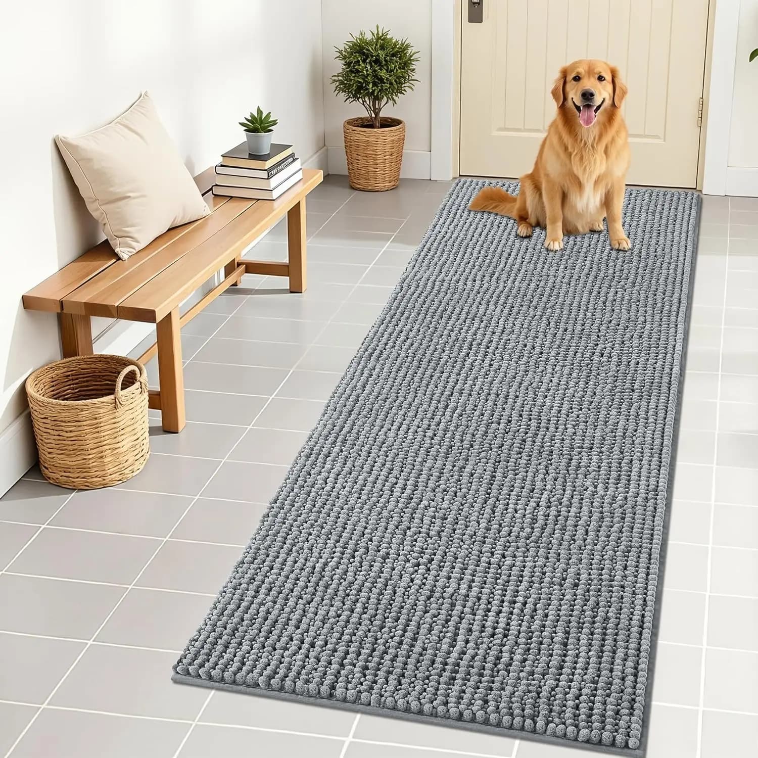Tappetino Ultra Assorbente in Ciniglia 70x24, Antiscivolo e Lavabile per Ingresso Interno, Asciugatura Rapida, Grigio