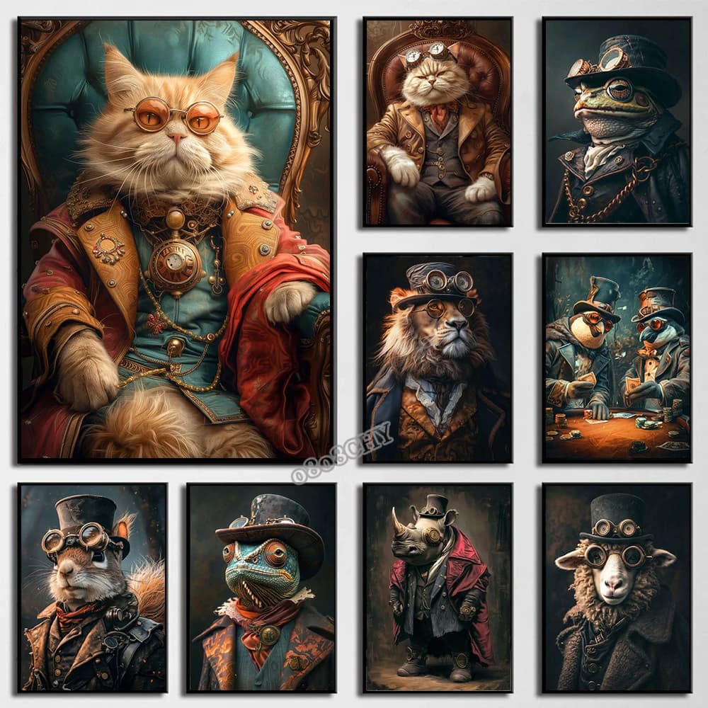 Animali Steampunk Gatto reale Pecora Cane Scoiattolo Rinoceronte Poster Stampa su tela Dipinti artistici Cuadros Wall Art per la decorazione del soggiorno