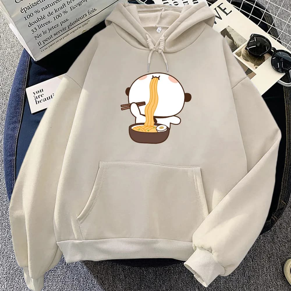 Cartoon Panda Orso Bubu Dudu Stampa Felpe con cappuccio Mangiare Ramen Felpe grafiche Manica lunga Donna Inverno Pullover in pile Kawaii