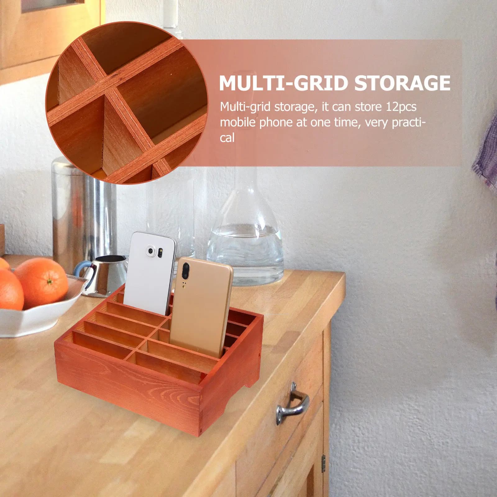 12 Slots Wood Phone Organizer Multi-Grid Storage Box Temporary Desktop Holder for Classroom Office Phone Display