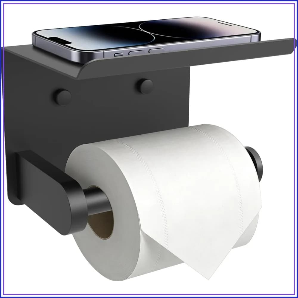 Adhesive or Screw Toilet Paper Holder with Shelf, Wall Mount, Matte Black, Rustproof Stainless Steel