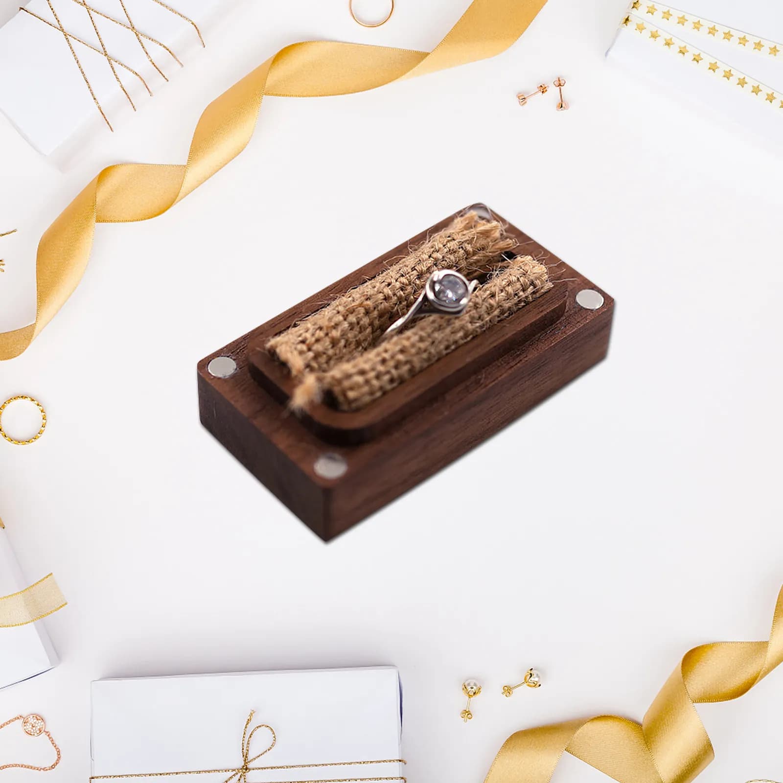 Scatola Porta Anelli in Legno Naturale, Contenitore Compatto per Anelli con Coperchio Protettivo, Espositore per Gioielli, Matrimoni, Fidanzamenti e Proposte