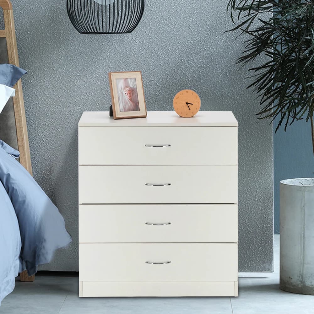 Cassettiera bianca a 4 cassetti – Comodino moderno o mobiletto contenitore per camera da letto, maniglie lisce, design compatto per piccoli spazi