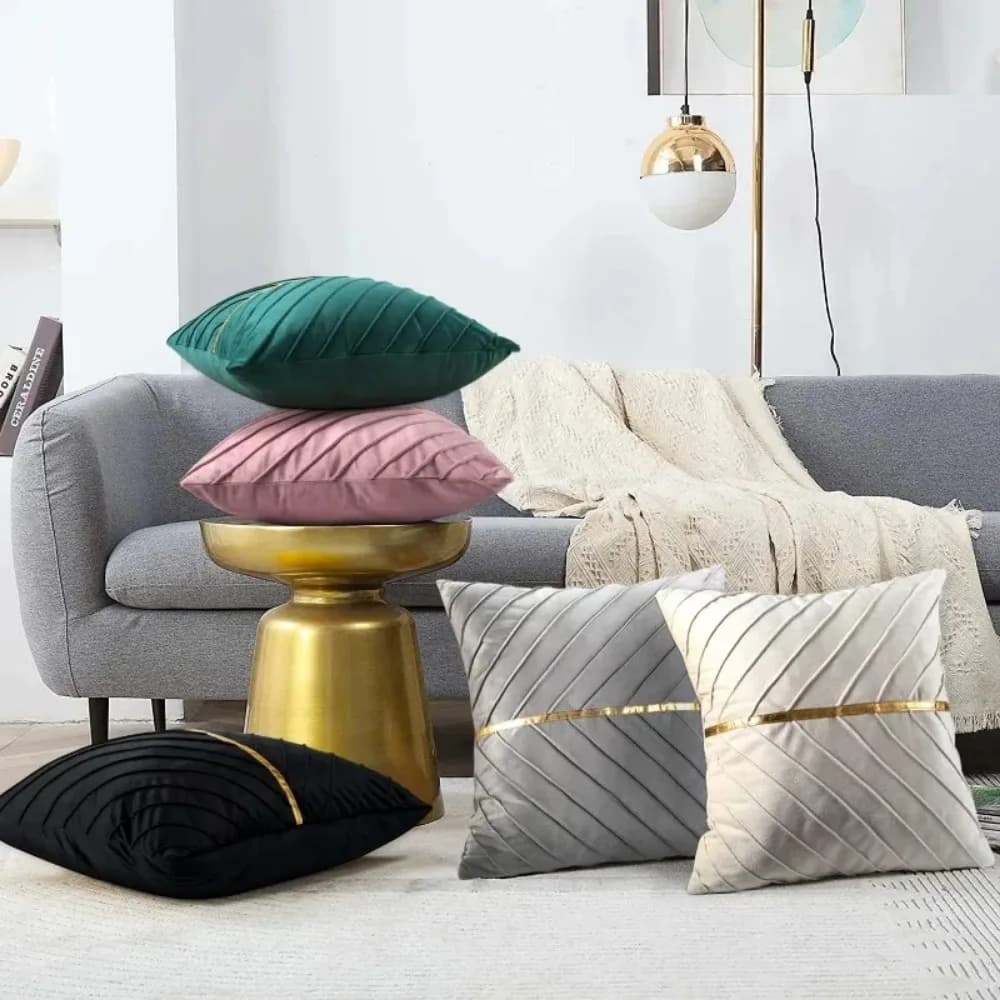 NEW 45 X 45 Cm Velvet Cushion Covers Beige Sofa Cushion Covers for Elegant Chairs Gold Square Decorative Stripe for Set of 2