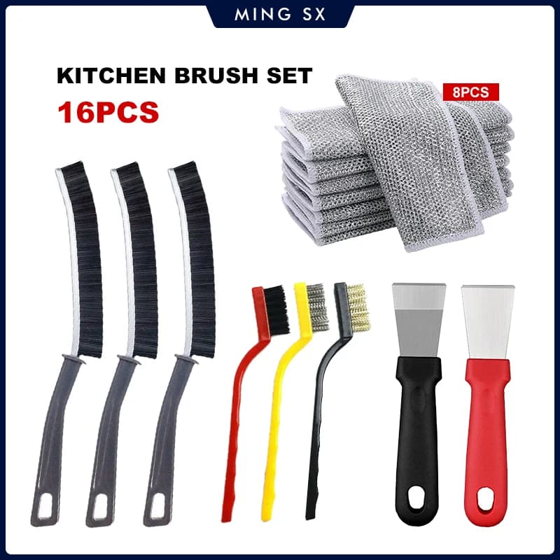 2/3/16PCS Set di spazzole per la pulizia della cucina Pulizia profonda Stufa a gas Spazzola in ottone per piccoli spazi Finestra Bagno Gap Mesh Dishrag Lavaggio