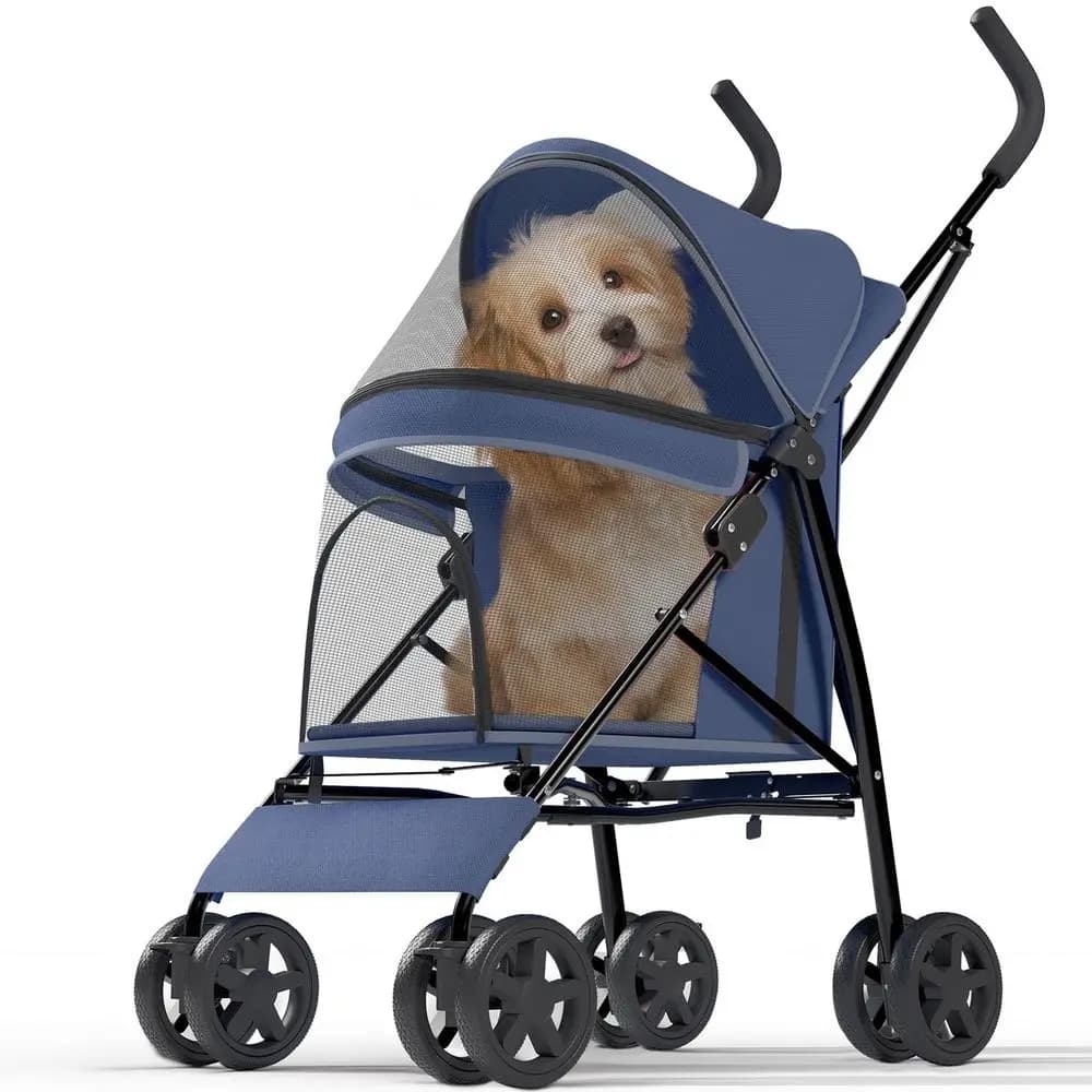 4 Wheels Pet Stroller or Small Medium Pets, Navy Blue | oldable Carrier Jogger, Rear Wheel Breaks, Storage Basket, Visible Mesh