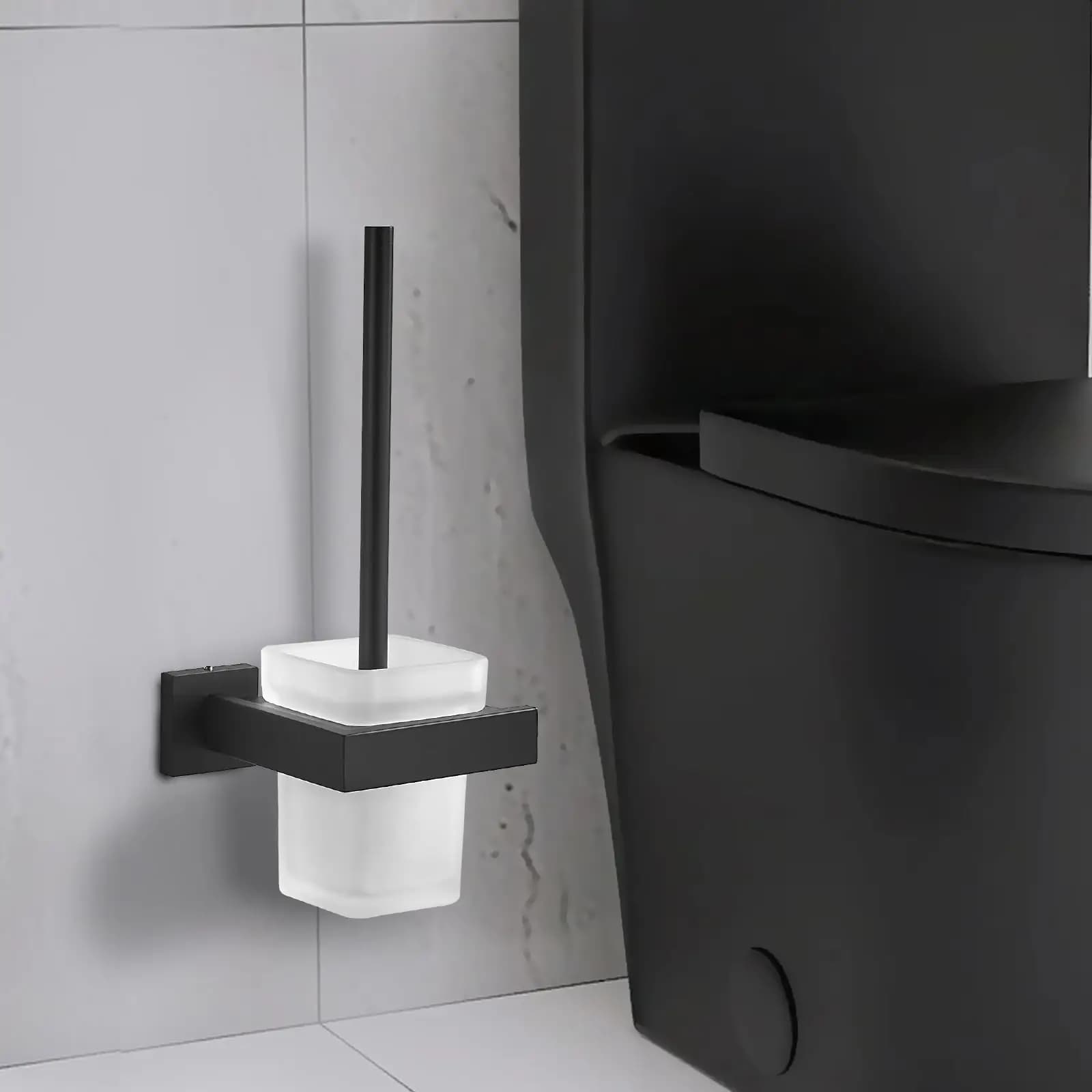 Scopino per WC in vetro, scopino per WC a parete, porta scopino e porta scopino, bagno quadrato nero