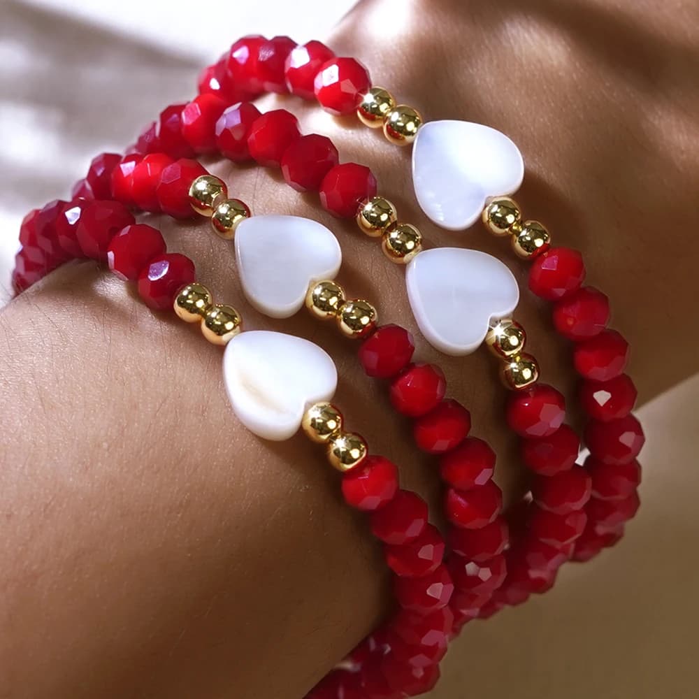 Go2boho Heart Shape Bracelets with Red and Pink Crystal Beads for Women Summer Fashion Jewelry Best Friend Girl Gift