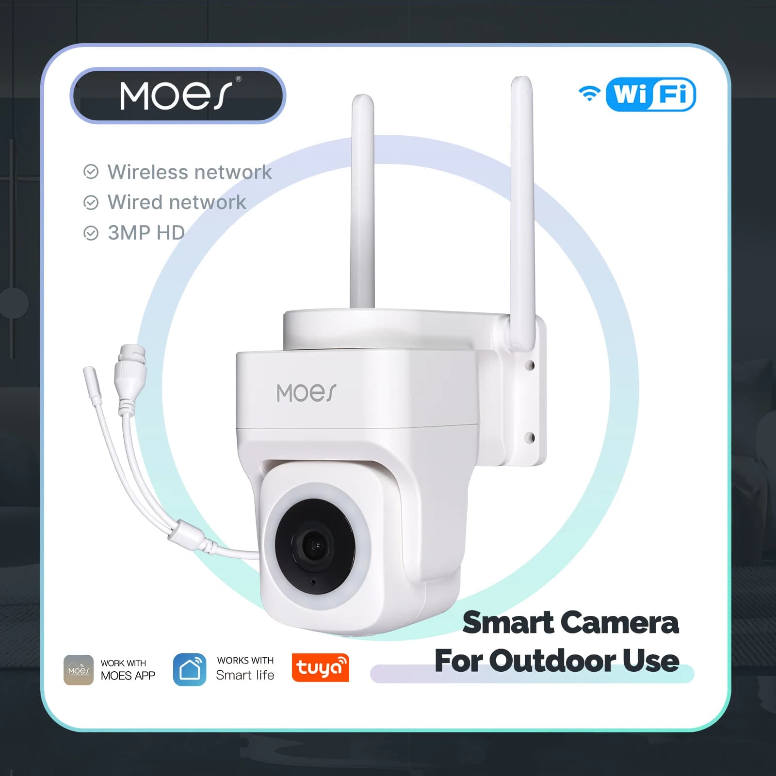 MOES Tuya WiFi 3MP Telecamera di sicurezza intelligente Supporto Rete RJ45 wireless e cablata IP65 Monitoraggio del movimento impermeabile Notte a colori