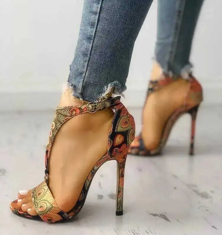 Bohemia Print T-Strap Stiletto Heel Women Sandals Open Toe Ankle Buckle Cutout Summer Dress Pumps Footwear