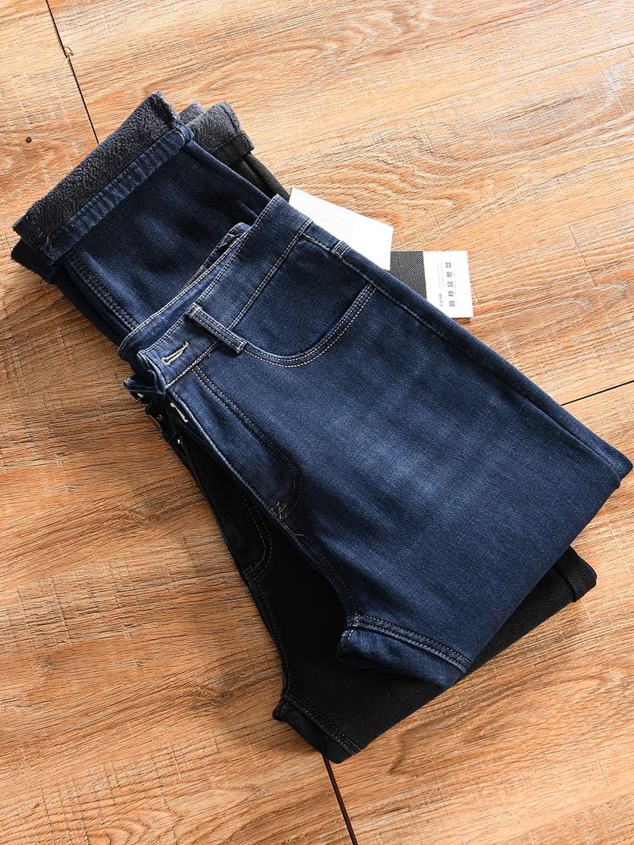 Fleece Lined Casual Men's Straight Leg Jeans Elastic Comfortable Winter Warm Cotton Polyester Blend Youth Popular Style