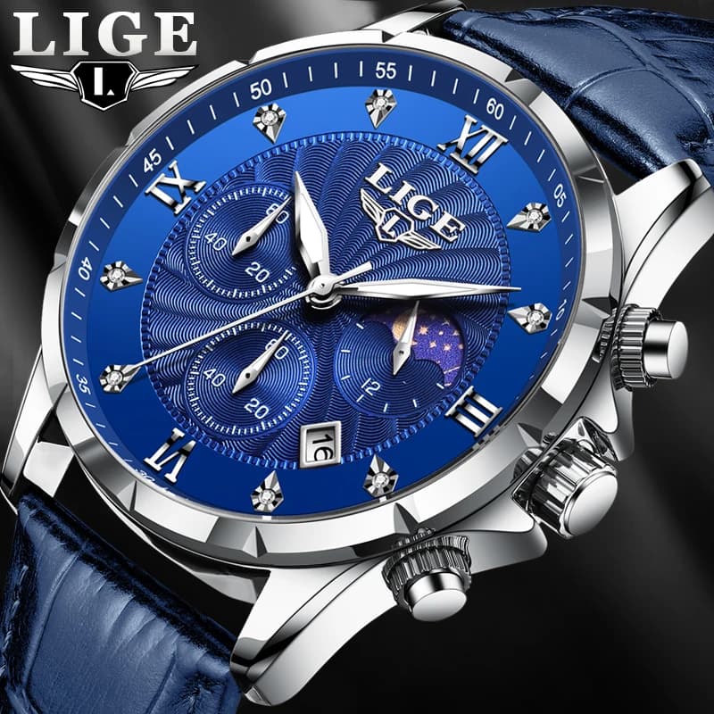 LIGE Orologio in pelle blu da uomo Fashion Business Orologi militari da uomo Orologio da polso al quarzo da uomo sportivo impermeabile Relojes Hombre