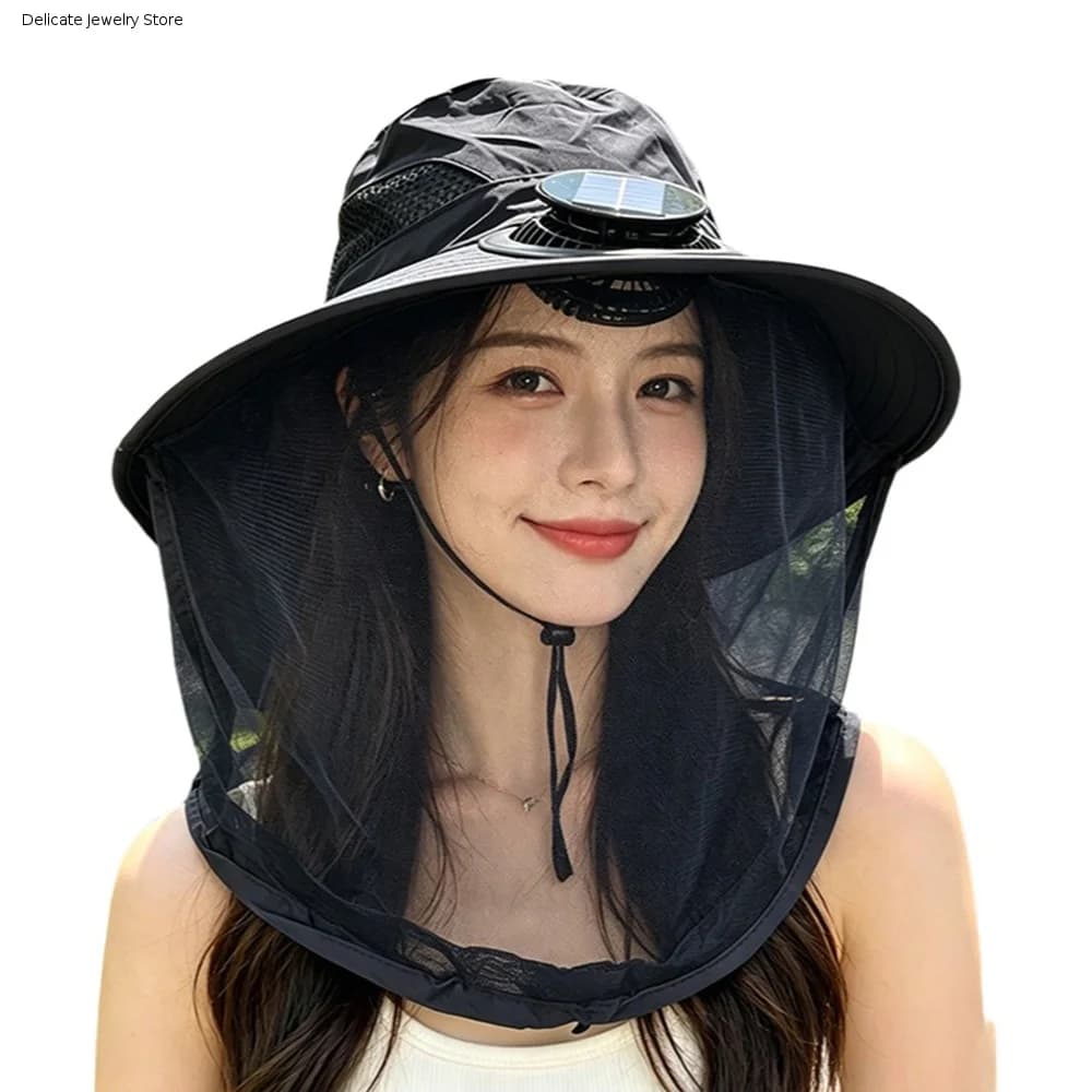 With Net Mesh Mosquito Head Net Hat Foldable Breathable Solar Fan Hat Adjustable Quick-Drying Fishing Bucket Hat Camping