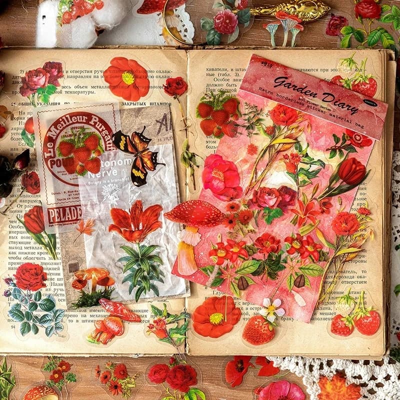 Confezione da 100 Adesivi Floreali Serie Poesia Floreale, Decalcomanie Fustellate Retrò Estetiche per Diari, Scrapbooking e Lavoretti Fai-da-te
