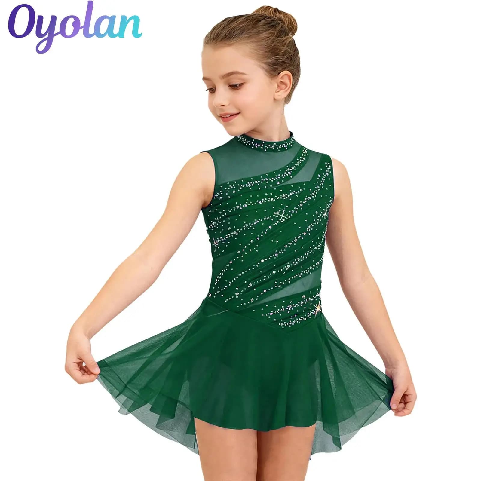 Body da Danza Classica e Lirica per Bambine con Strass Lucidi e Arricciature, Costume da Spettacolo per Pattinaggio Artistico