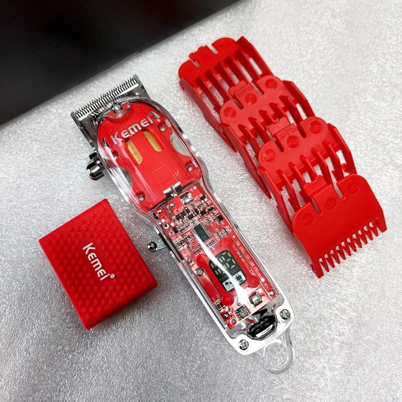 Professional Haircut Kemei KM-1761, Rechargeable, 10W, Wireless, with Transparent Cover and Red Base