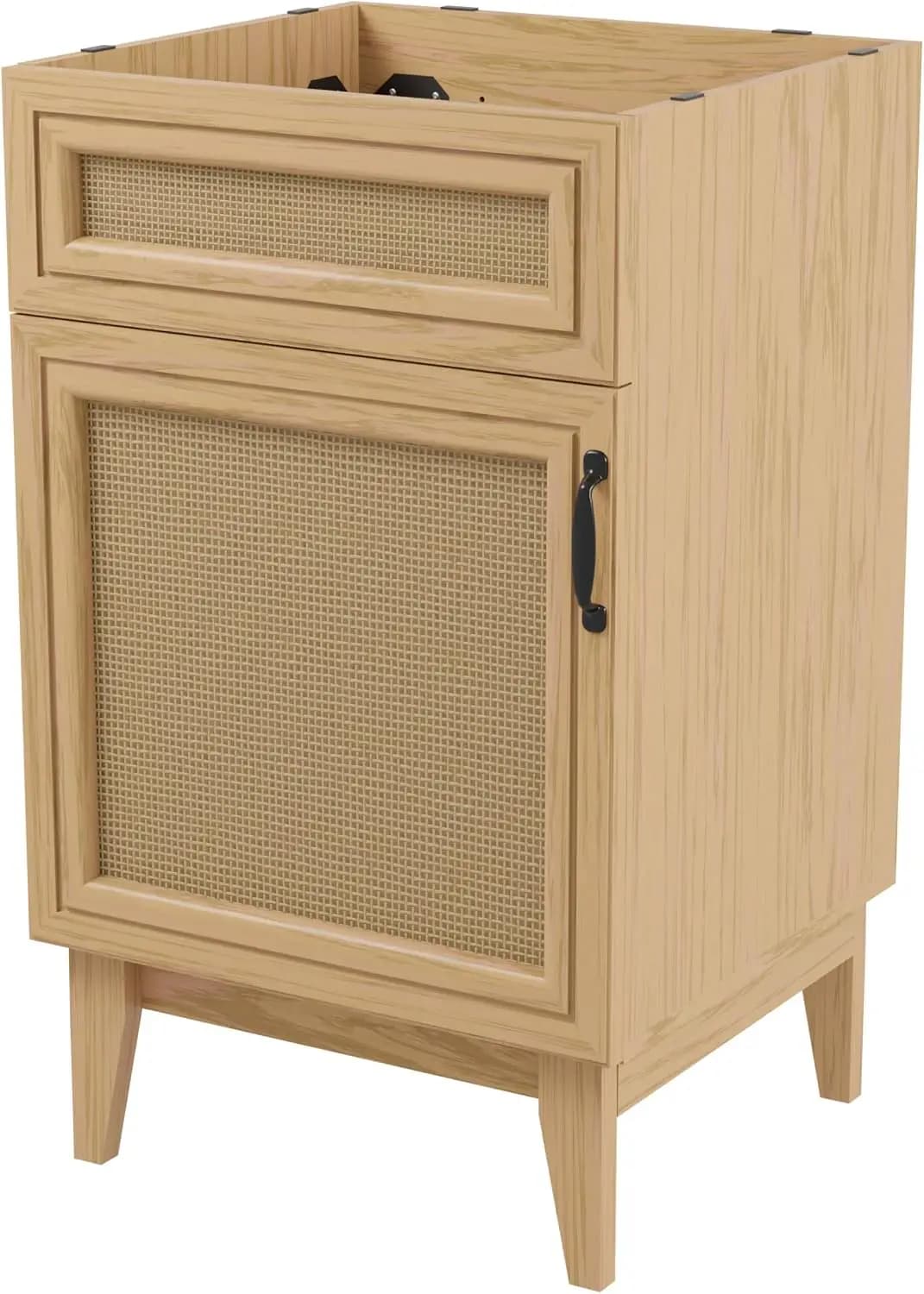 20 Inch Bohemian Rattan Freestanding Bathroom Vanity Frame Wooden Storage Cabinet Surface Under Sink Stand Caned Paneling Two Shelf Organizer Furniture Restroom Studio, Oak