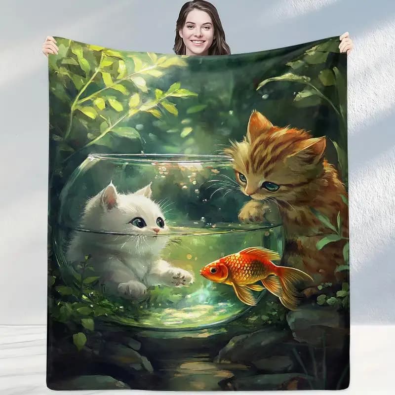 Coperta stampata in flanella con motivo gatto e pesce rosso adatta a tutte le stagioni adatta per divano da ufficio e viaggi