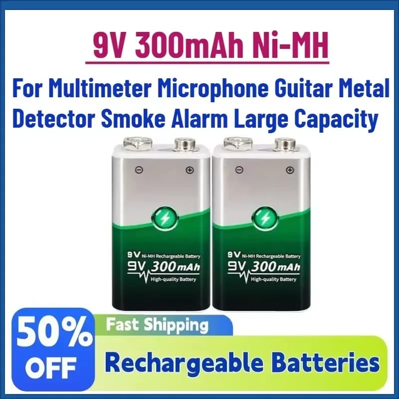 High-Quality New 9V 300mAh Ni-MH Rechargeable Battery for Multimeter Microphone Guitar Metal Detector Smoke Alarm Large