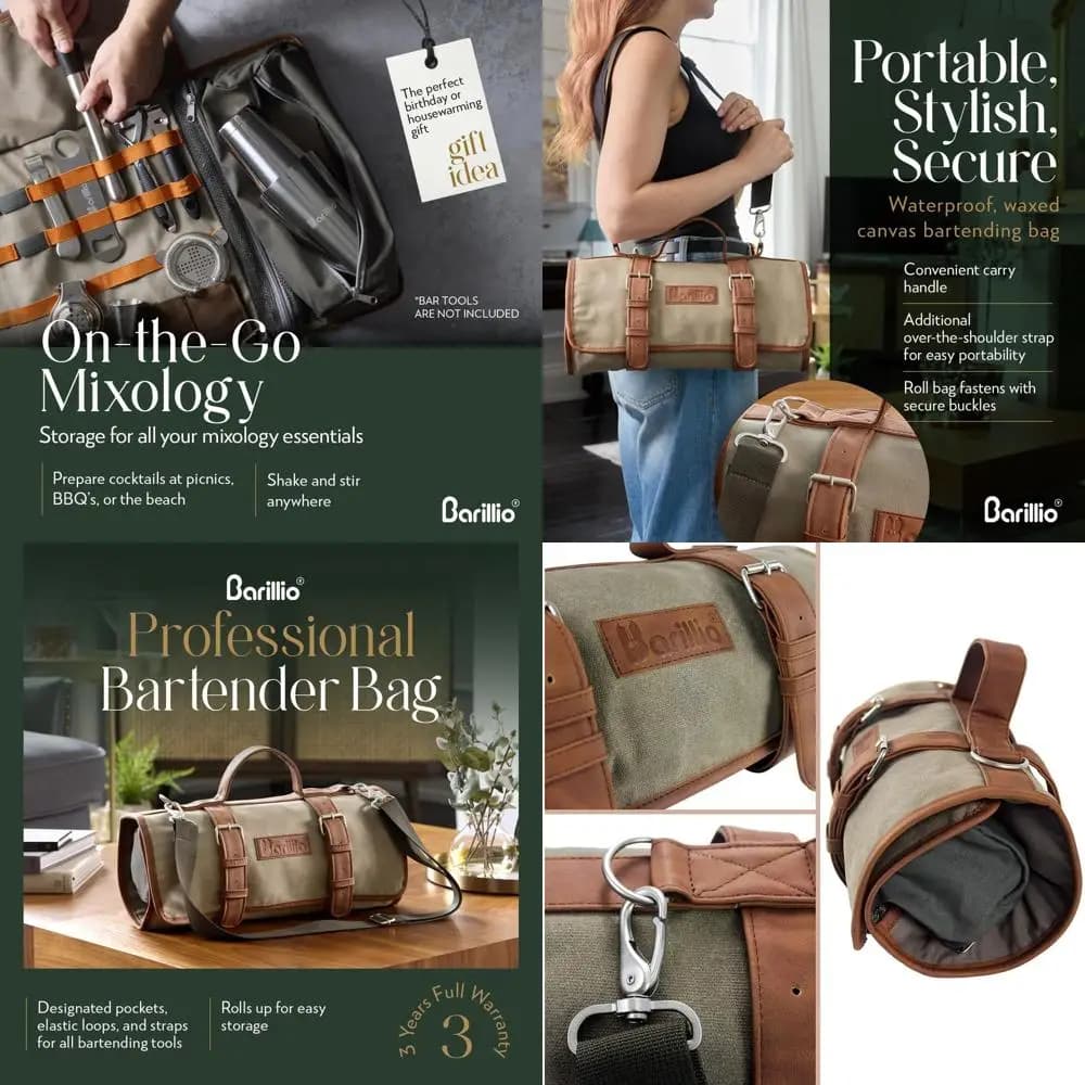 Borsa Compatta in Tela Cerata per Kit da Barman - Set Portatile per Cocktail con Tracolla
